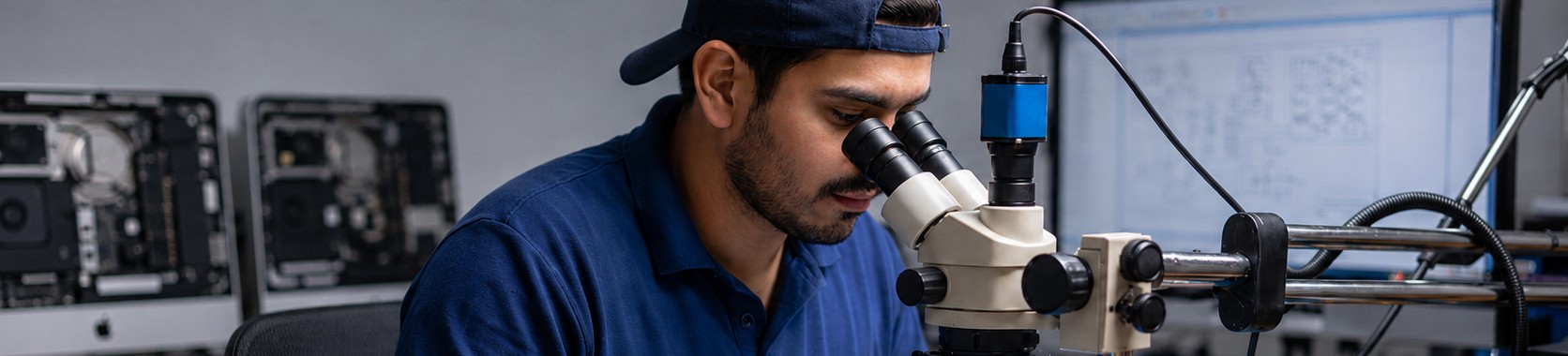 Técnico de MULTI VENTAS GYE reparando una placa de MacBook bajo microscopio en el laboratorio