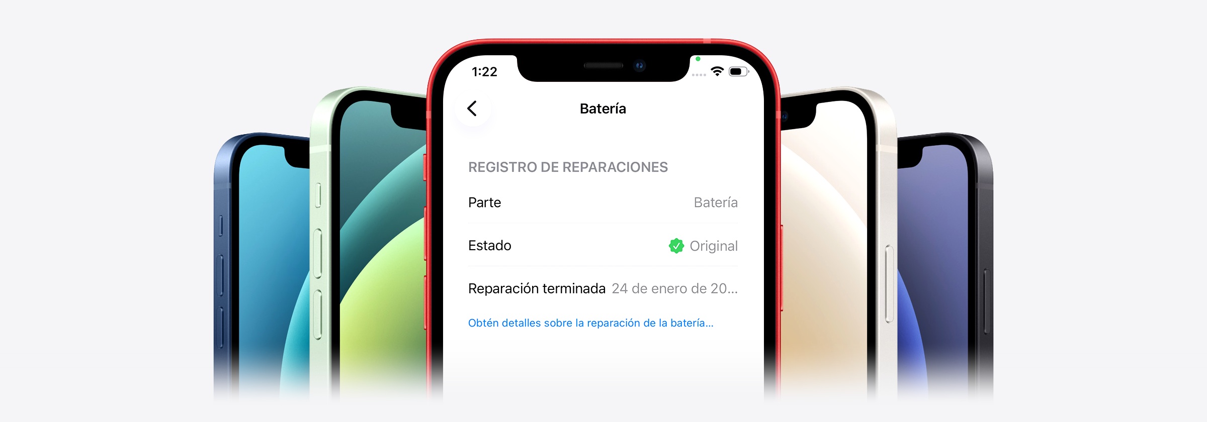 Pantalla de Ajustes de un iPhone mostrando el estado «Original» tras una reparación con piezas originales de Apple