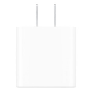 Adaptador de corriente USB-C de 20 W de Apple visto de frente, cuerpo blanco liso