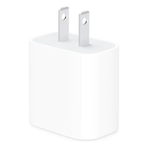 Adaptador de corriente USB-C de 20 W de Apple visto en angulo, con las patillas desplegadas