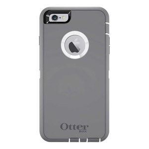 Funda OtterBox Defender gris y blanca puesta en un iPhone, vista por detras