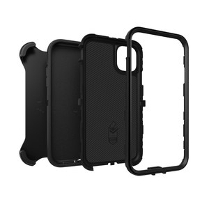 Las tres piezas de la funda OtterBox Defender por separado: clip, carcasa y marco