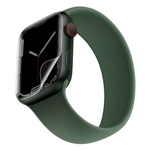 Apple Watch con correa Solo Loop verde y la lamina Hydrogel puesta, visto en angulo